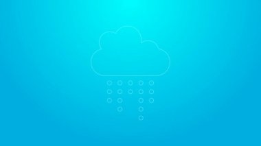 Mavi zemin üzerinde yağmur ikonu olan pembe çizgi bulutu. Yağmur damlaları ile yağmur bulutu yağışı. 4K Video hareketli grafik canlandırması