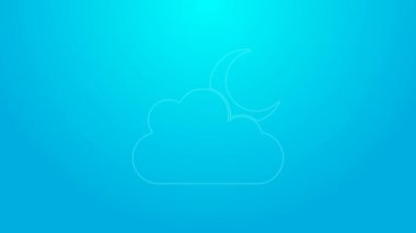Mavi arka planda ay simgesi olan pembe çizgi bulutu. Bulutlu gece işareti. Uyku rüyalarının sembolü. Gece ya da yatak zamanı tabelası. 4K Video hareketli grafik canlandırması