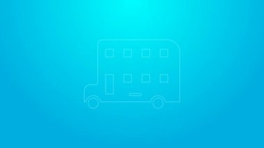 Pembe çizgi çift katlı otobüs simgesi mavi arkaplanda izole edildi. Londra klasik yolcu otobüsü. Toplu taşıma sembolü. 4K Video hareketli grafik canlandırması