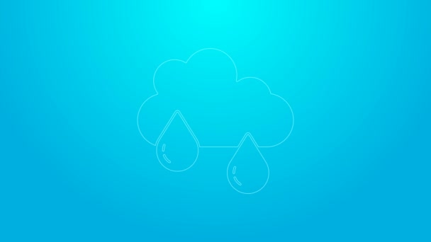 Rózsaszín vonal Felhő eső ikon elszigetelt kék alapon. Esőfelhő csapadék esőcseppekkel. 4K Videó mozgás grafikus animáció — Stock videók
