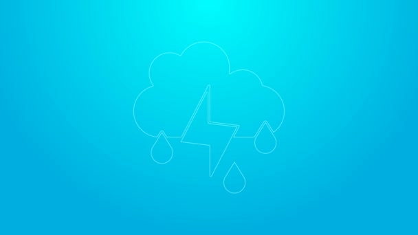 Rózsaszín vonal Felhő eső és villám ikon elszigetelt kék háttérrel. Esőfelhő csapadék esőcseppekkel.Időjárás ikon vihar. 4K Videó mozgás grafikus animáció — Stock videók