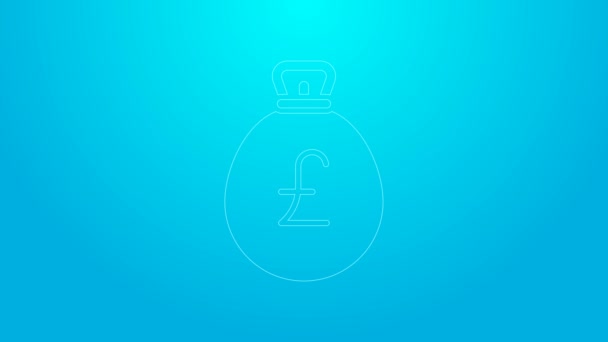 Розовая линия Денежный мешок с значком фунта изолирован на синем фоне. Символ валюты фунта стерлингов. Видеографическая анимация 4K — стоковое видео