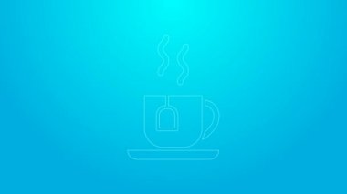 Mavi arka planda izole edilmiş çay poşeti ikonu olan pembe çay fincanı. 4K Video hareketli grafik canlandırması