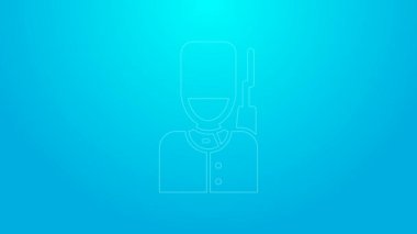 Pembe çizgili ayı postu şapkalı İngiliz muhafız mavi arka planda izole edilmiş bir ikon yürüyordu. 4K Video hareketli grafik canlandırması