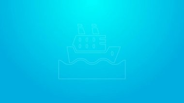 Mavi arka planda, okyanus simgesindeki pembe çizgi yolcu gemisi izole edildi. Dünyayı dolaşmak. 4K Video hareketli grafik canlandırması