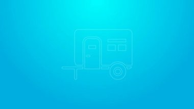 Pembe çizgi karavan karavan ikonu mavi arkaplanda izole edildi. Gezici ev, karavan, yolculuk için ev karavanı. 4K Video hareketli grafik canlandırması
