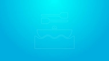 Mavi arka planda izole edilmiş kürek ikonlu pembe çizgili tekne. Su sporları, ekstrem sporlar, tatil, tatil, takım oluşturma. 4K Video hareketli grafik canlandırması