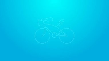 Pembe çizgi bisiklet simgesi mavi arkaplanda izole edildi. Bisiklet yarışı. Olağanüstü bir spor. Spor malzemeleri. 4K Video hareketli grafik canlandırması