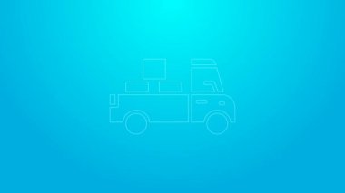Mavi arka planda izole edilmiş ikonun arkasında karton kutular olan pembe çizgi teslimat kamyonu. 4K Video hareketli grafik canlandırması