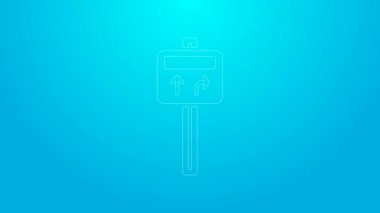 Pembe çizgi trafik levhası. Mavi arkaplanda işaretleme simgesi izole edildi. İşaretçi sembolü. Sokak bilgi tabelası. Yön tabelası. 4K Video hareketli grafik canlandırması