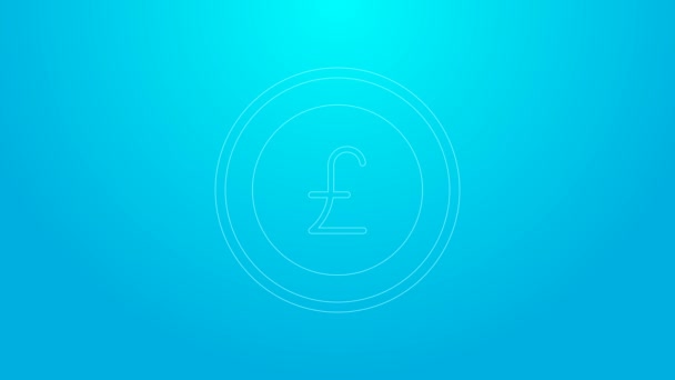Línea rosa Moneda dinero con libra esterlina símbolo icono aislado sobre fondo azul. Signo de moneda bancaria. Símbolo efectivo. Animación gráfica de vídeo 4K — Vídeo de stock