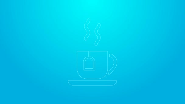 Růžová čára šálek čaje s ikonou čajového sáčku izolované na modrém pozadí. Grafická animace pohybu videa 4K — Stock video