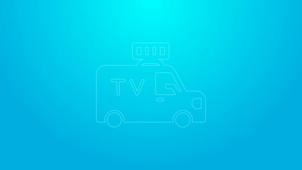 Ligne rose TV Nouvelles voiture avec de l'équipement sur l'icône de toit isolé sur fond bleu. Animation graphique de mouvement vidéo 4K — Video