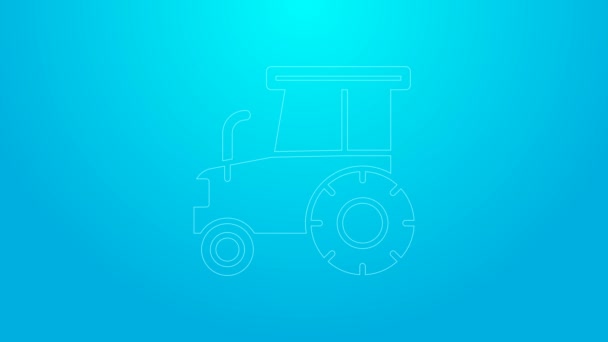 Pink line Tractor icon isolated on blue background. 4K Video motion graphic animation — Stock Video