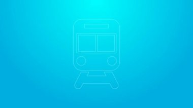 Pembe hat tren ve tren yolu ikonu mavi arka planda izole edildi. Toplu taşıma sembolü. Metro treni nakliyesi. Metro yeraltı. 4K Video hareketli grafik canlandırması