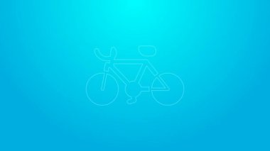 Pembe çizgi bisiklet simgesi mavi arkaplanda izole edildi. Bisiklet yarışı. Olağanüstü bir spor. Spor malzemeleri. 4K Video hareketli grafik canlandırması