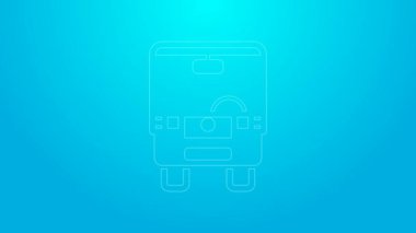 Mavi arkaplanda pembe çizgi otobüs simgesi izole edildi. Ulaşım konsepti. Otobüs turu tabelası. Turizm ya da kamu aracı sembolü. 4K Video hareketli grafik canlandırması