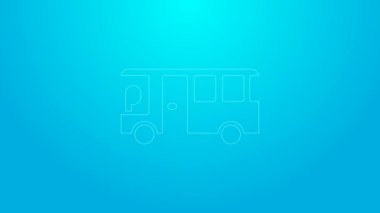 Mavi arkaplanda pembe çizgi otobüs simgesi izole edildi. Ulaşım konsepti. Otobüs turu tabelası. Turizm ya da kamu aracı sembolü. 4K Video hareketli grafik canlandırması