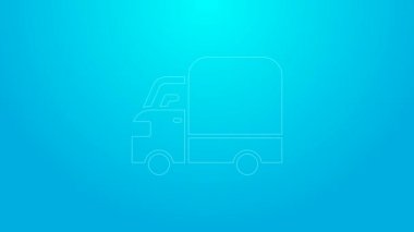 Pembe çizgili kargo kamyonu ikonu mavi arka planda izole edildi. 4K Video hareketli grafik canlandırması