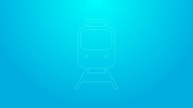 Pembe hat tren ve tren yolu ikonu mavi arka planda izole edildi. Toplu taşıma sembolü. Metro treni nakliyesi. Metro yeraltı. 4K Video hareketli grafik canlandırması