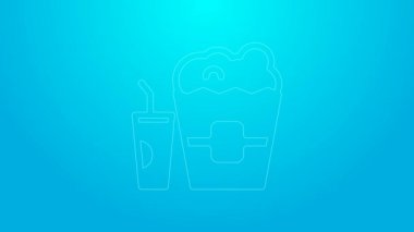 Karton kutuda pembe çizgi patlamış mısır ve mavi zemin üzerinde saman ve su ikonu bulunan kağıt bardak. Soda bardağı. 4K Video hareketli grafik canlandırması