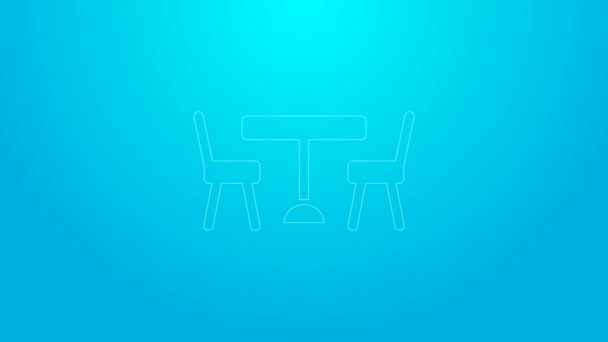 ピンクの線青い背景に隔離されたテーブルアイコンの両側に椅子とピクニックテーブル。4Kビデオモーショングラフィックアニメーション — ストック動画