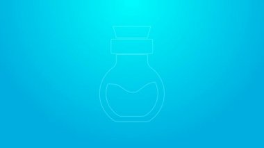 Mavi arka planda, şişe ikonundaki pembe çizgi zehri izole edilmiş. Bir şişe zehir ya da zehirli kimyasal toksin. 4K Video hareketli grafik canlandırması