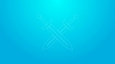 Pembe çizgi mavi arka planda izole edilmiş ortaçağ kılıç simgesini geçti. Ortaçağ silahı. 4K Video hareketli grafik canlandırması