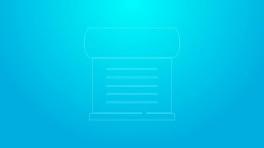 Pembe çizgi fermanı, kağıt, parşömen, kaydırma simgesi mavi arkaplanda izole edilmiş. 4K Video hareketli grafik canlandırması