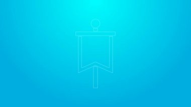 Pembe çizgi ortaçağ bayrağı simgesi mavi arkaplanda izole edilmiş. Bir kral ya da kraliçe tarafından yönetilen ülke, devlet ya da bölge. 4K Video hareketli grafik canlandırması