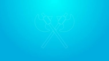 Pembe çizgi mavi arka planda izole edilmiş ortaçağ balta simgesini geçti. Savaş baltası, cellat baltası. Ortaçağ silahı. 4K Video hareketli grafik canlandırması