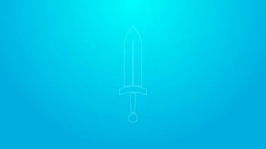 Mavi arka planda izole edilmiş pembe çizgi Ortaçağ kılıç ikonu. Ortaçağ silahı. 4K Video hareketli grafik canlandırması