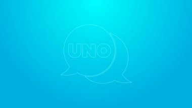 Pembe çizgi Uno kart oyunu simgesi mavi arkaplanda izole edildi. 4K Video hareketli grafik canlandırması