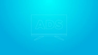 Pembe çizgi reklam simgesi mavi arkaplanda izole edildi. Pazarlama ve tanıtım süreci kavramı. İlgili reklamlar. Sosyal medya reklamcılığı. 4K Video hareketli grafik canlandırması