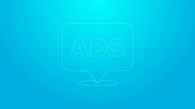 Pembe çizgi reklam simgesi mavi arkaplanda izole edildi. Pazarlama ve tanıtım süreci kavramı. İlgili reklamlar. Sosyal medya reklamcılığı. 4K Video hareketli grafik canlandırması