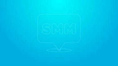 Pembe çizgi SMM simgesi mavi arkaplanda izole edildi. Sosyal medya pazarlama, analiz, reklam stratejisi geliştirme. 4K Video hareketli grafik canlandırması