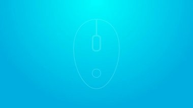 Pembe çizgi bilgisayar fare simgesi mavi arkaplanda izole edildi. Tekerlek sembollü optik. 4K Video hareketli grafik canlandırması