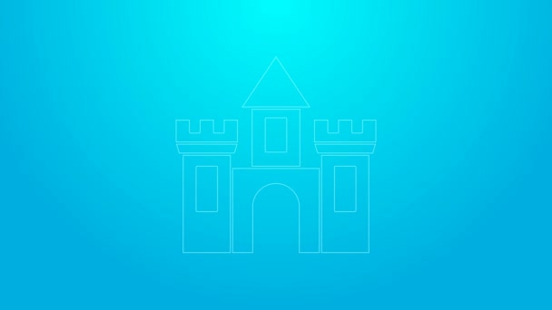 Rosa Linie Schloss Symbol isoliert auf blauem Hintergrund. Mittelalterliche Festung mit Turm. Schutz vor Feinden. Verlässlichkeit und Verteidigung der Stadt. 4K Video Motion Grafik Animation — Stockvideo
