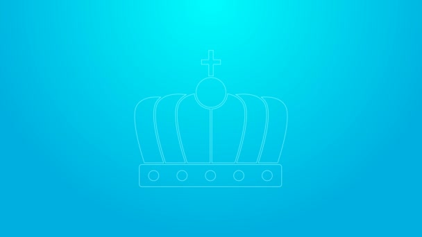 Rózsaszín vonal King korona ikon elszigetelt kék alapon. 4K Videó mozgás grafikus animáció — Stock videók