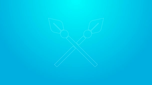 Pink line Crossed medieval spears icon isolated on blue background. Medieval weapon. 4K Video motion graphic animation — Stock Video