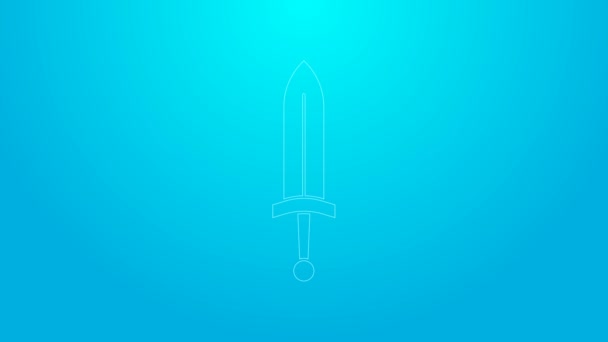 Linha rosa ícone da espada medieval isolado no fundo azul. Arma medieval. Animação gráfica em movimento de vídeo 4K — Vídeo de Stock
