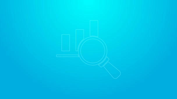 Pink line Magnifying glass and data analysis icon isolated on blue background. 4K Video motion graphic animation — Stock Video