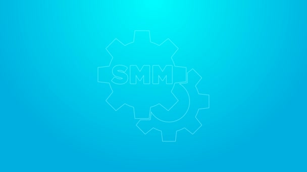 ピンクライン青色の背景に分離されたSMMアイコン。ソーシャルメディアマーケティング、分析、広告戦略開発。4Kビデオモーショングラフィックアニメーション — ストック動画
