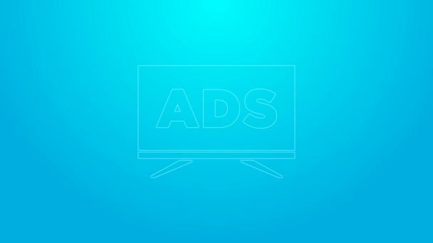 Rosa Linie Werbe-Symbol isoliert auf blauem Hintergrund. Konzept des Marketing- und Werbeprozesses. Reaktionsfähige Anzeigen. Werbung in den sozialen Medien. 4K Video Motion Grafik Animation