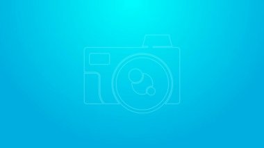 Pembe çizgi fotoğraf makinesi simgesi mavi arkaplanda izole edildi. Fotoğraf makinesi simgesi. 4K Video hareketli grafik canlandırması