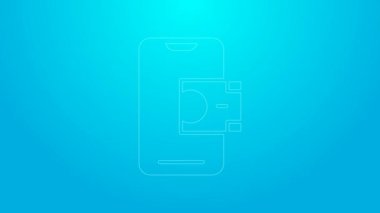 Pembe çizgi Mobil bankacılık simgesi mavi arkaplanda izole edildi. Cep telefonu ekranına cep telefonu bankacılığı yoluyla para aktar. 4K Video hareketli grafik canlandırması