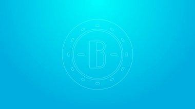 Mavi arka planda izole edilmiş pembe çizgi şifreli para Bitcoin simgesi. Madeni para. Engelleme zinciri tabanlı şifreli para birimi. 4K Video hareketli grafik canlandırması
