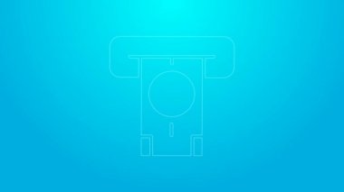Pembe bankamatik - Otomatik veznedar makinesi ve para ikonu mavi arka planda izole edildi. 4K Video hareketli grafik canlandırması