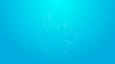 Mavi arka planda izole edilmiş madeni para ikonu olan pembe çizgi domuz kumbarası. Tasarruf ya da para birikimi, yatırım. 4K Video hareketli grafik canlandırması