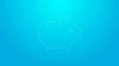 Pembe çizgi domuz kumbarası simgesi mavi arkaplanda izole edilmiş. Tasarruf ya da para birikimi, yatırım. 4K Video hareketli grafik canlandırması